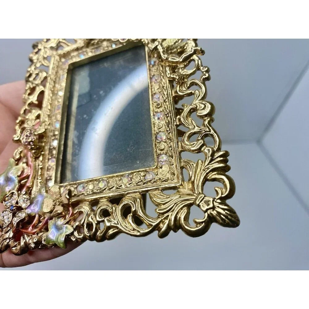 Kirks Folly Signed Picture‎ Frame Rhinestone Grapes Cherub Bird Easel Back